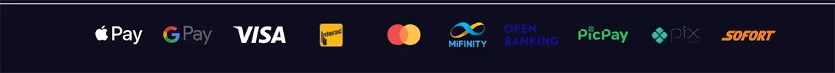 Row of payment method logos: Apple Pay, Google Pay, Visa, Interac, Mastercard, MiFinity, Open Banking, PicPay, Pix, and Sofort.
