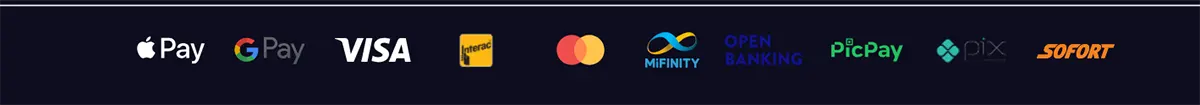 Row of payment method logos: Apple Pay, Google Pay, Visa, Interac, Mastercard, MiFinity, Open Banking, PicPay, Pix, and Sofort.