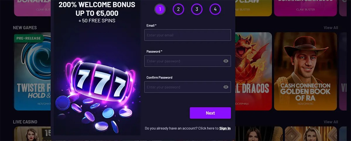 Sign-up popup with 777 Fast Slots artwork, showing a 200% welcome bonus up to €5,000 + 50 free spins, step indicators (1–4), email/password/confirm password fields, and a purple ‘Next’ button over a blurred casino lobby.