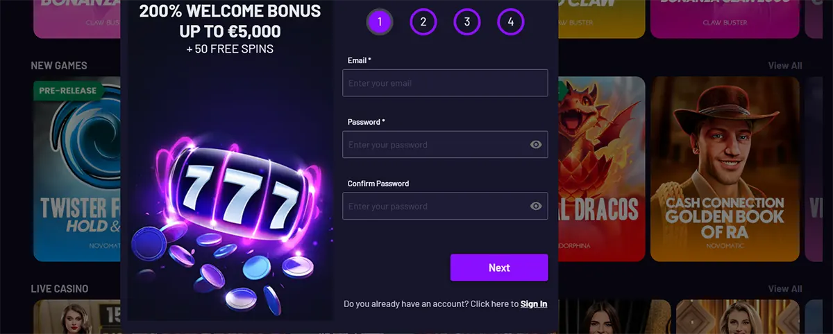 Sign-up popup with 777 Fast Slots artwork, showing a 200% welcome bonus up to €5,000 + 50 free spins, step indicators (1–4), email/password/confirm password fields, and a purple ‘Next’ button over a blurred casino lobby.